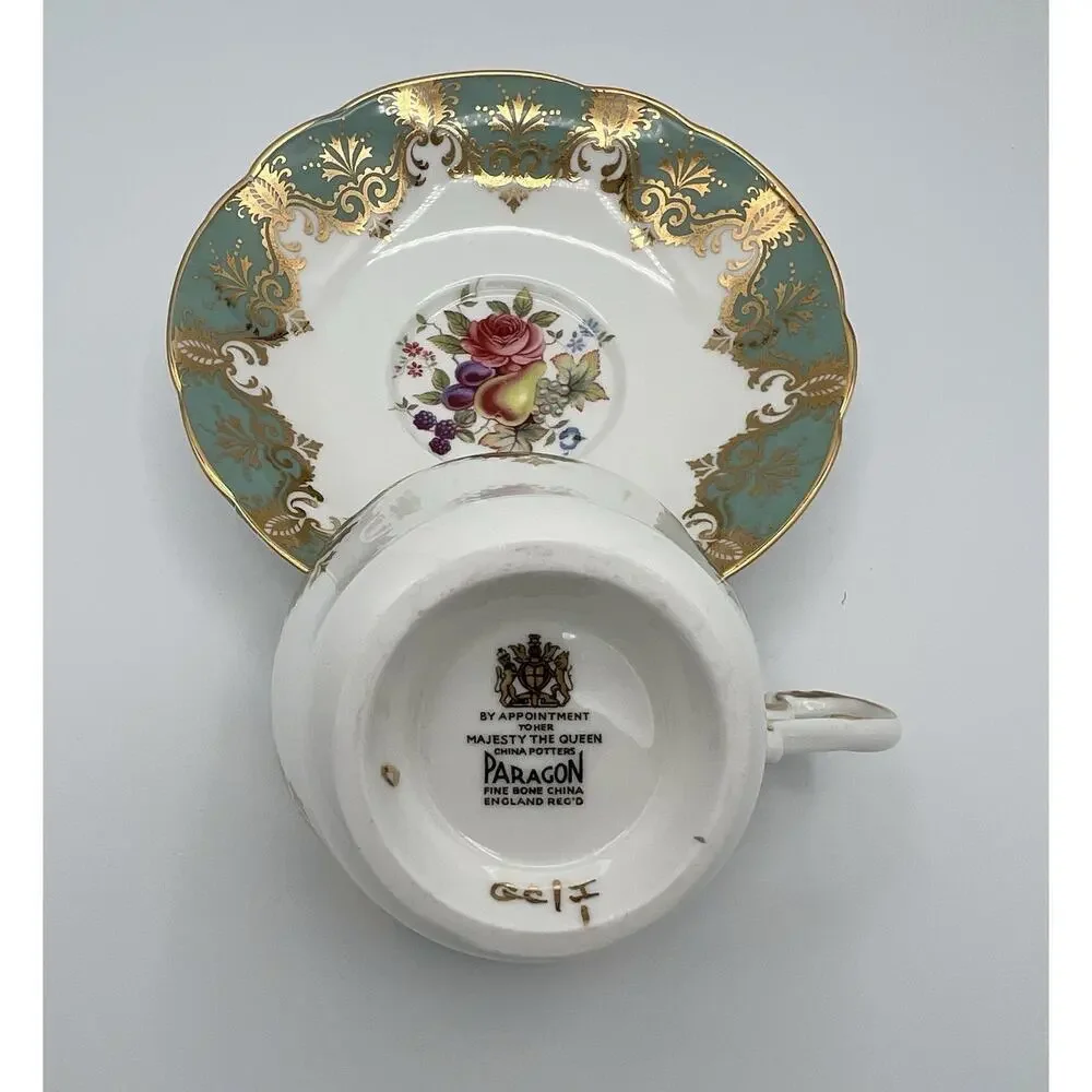 Vintage Paragon England‎ Floral Rose White Turquoise Tea Cup & Saucer Set